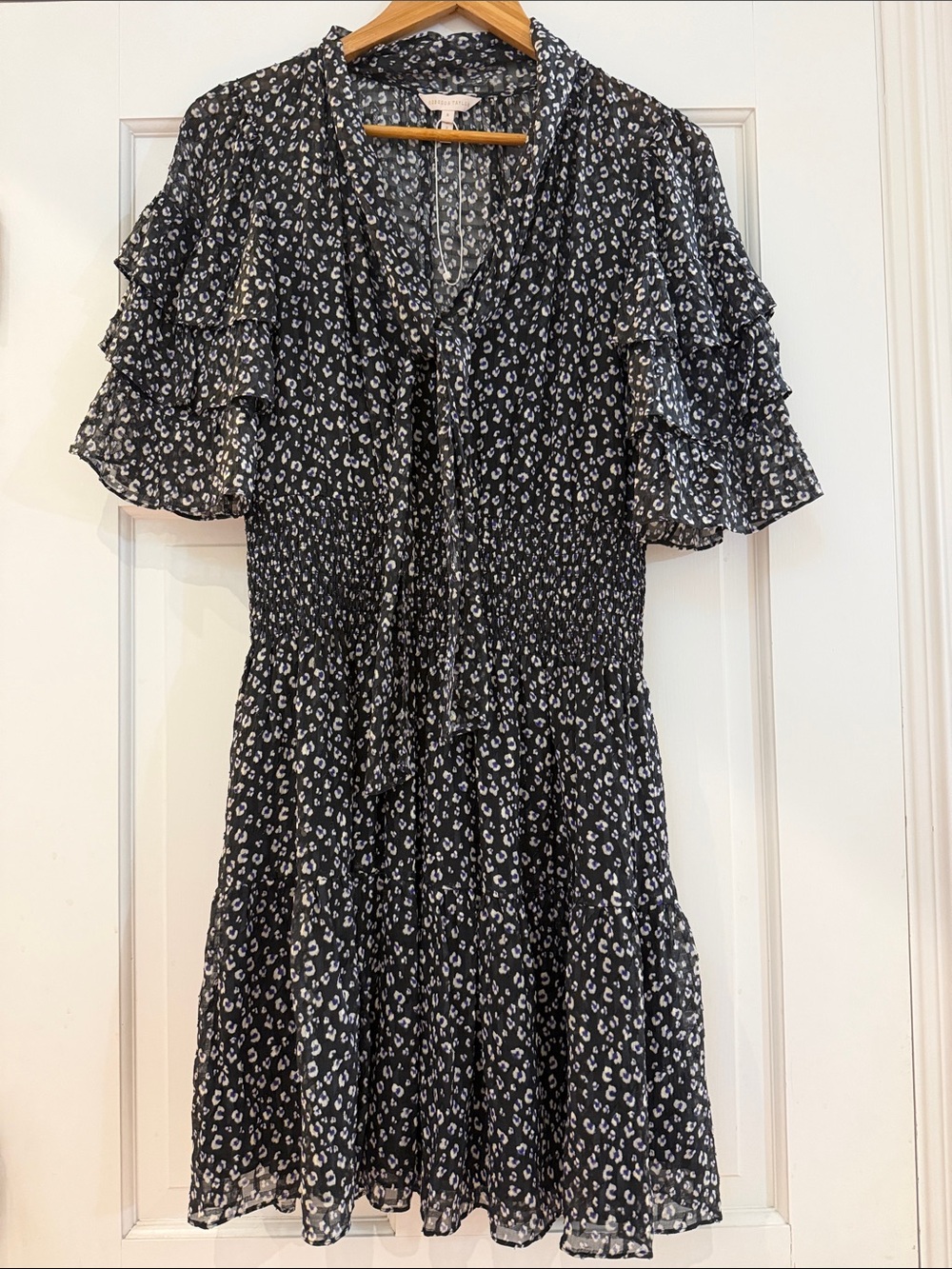 Rebecca Taylor Silk Black and White Leopard Print Ruffle Mini Dress